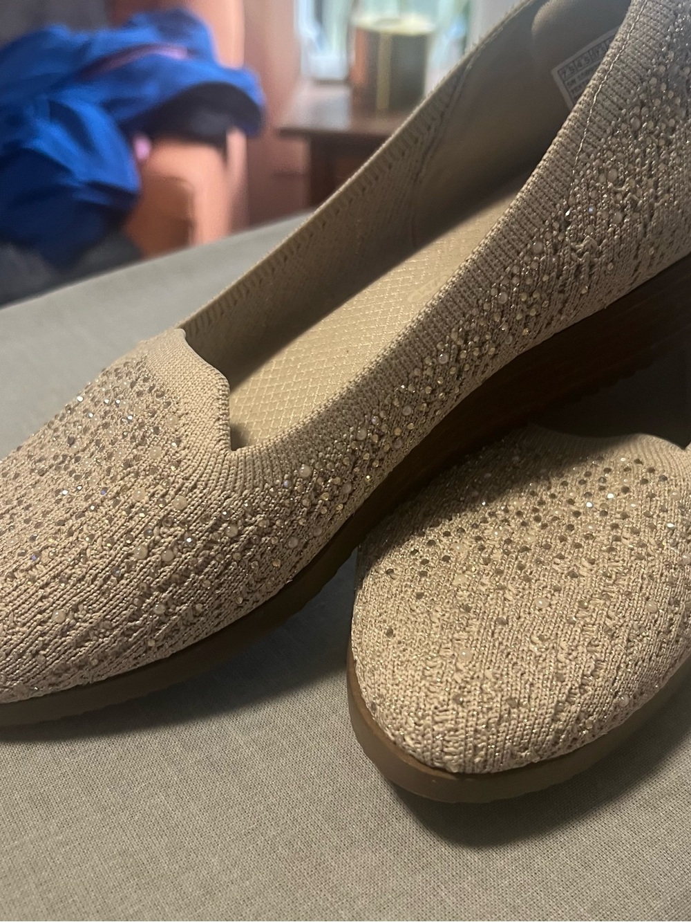 Skechers Women's Beige Knit Slip-On Flats with Crystal Accents